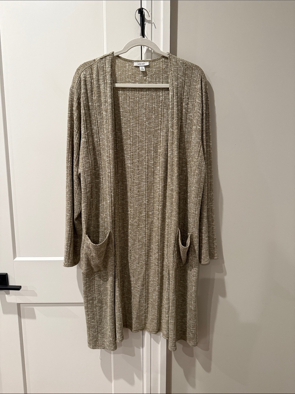 Nine West Taupe Ribbed Open-Front Pocket Cardigan